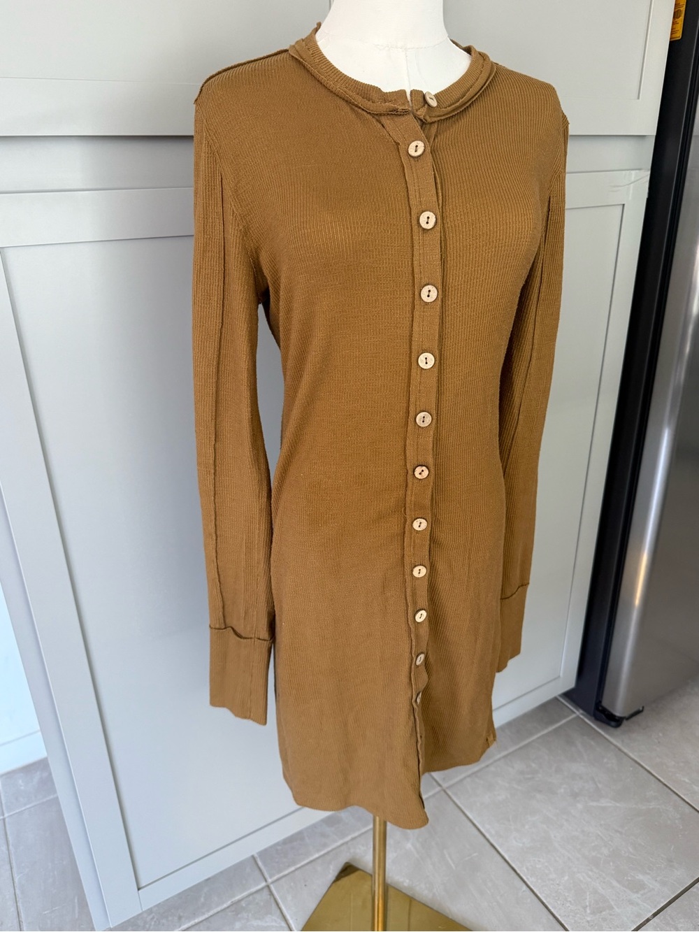 We The Free Ribbed Long-Sleeve Button Front Dress — Caramel Brown